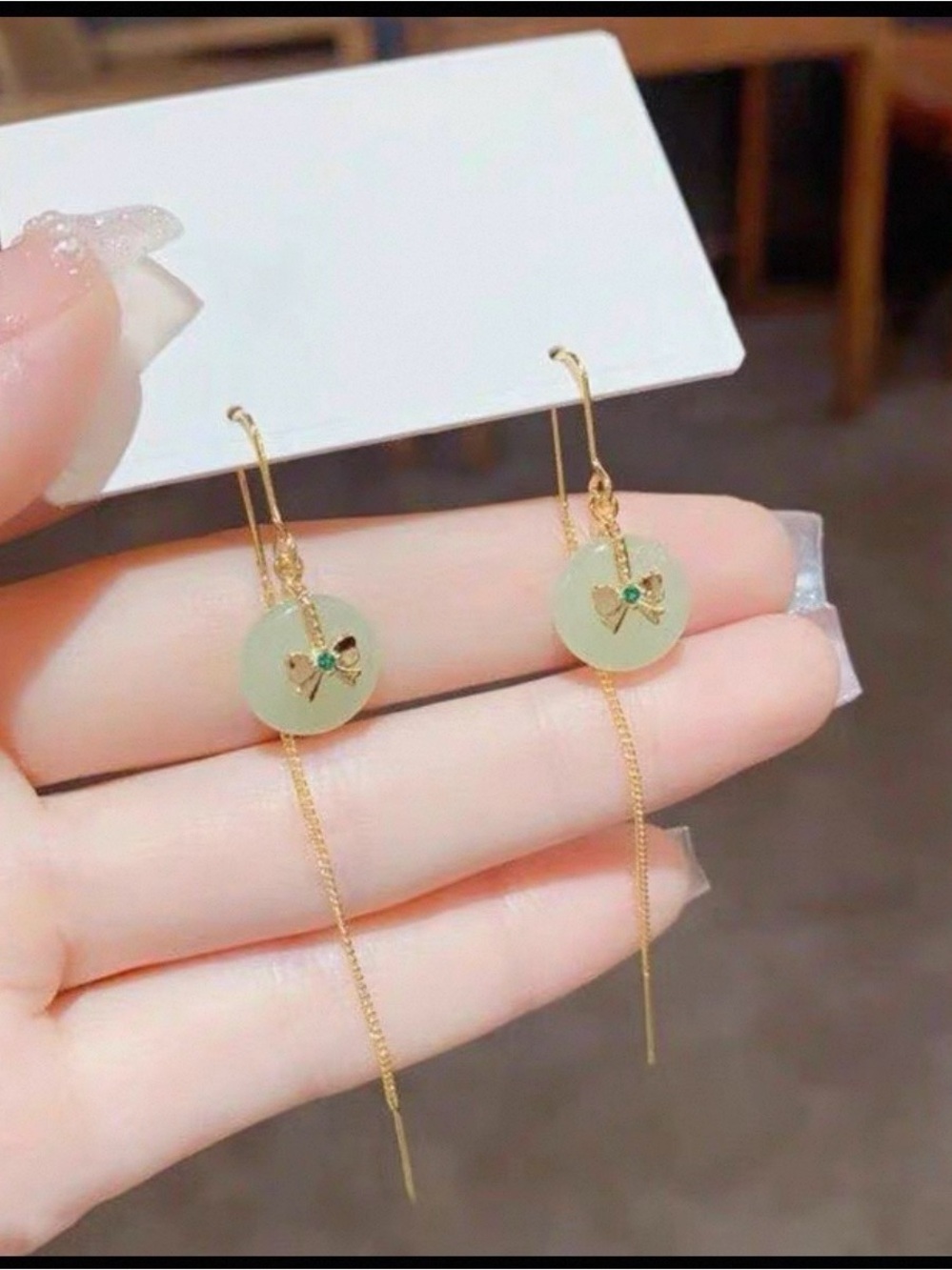 Gold-Accent Light Green Jade Drop Earrings with Bow Detail
